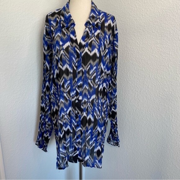 Lane Bryant Blue Black Sheer Lightweight Chevron Button Long Slv Flowy SZ 22/24 - Picture 6 of 10